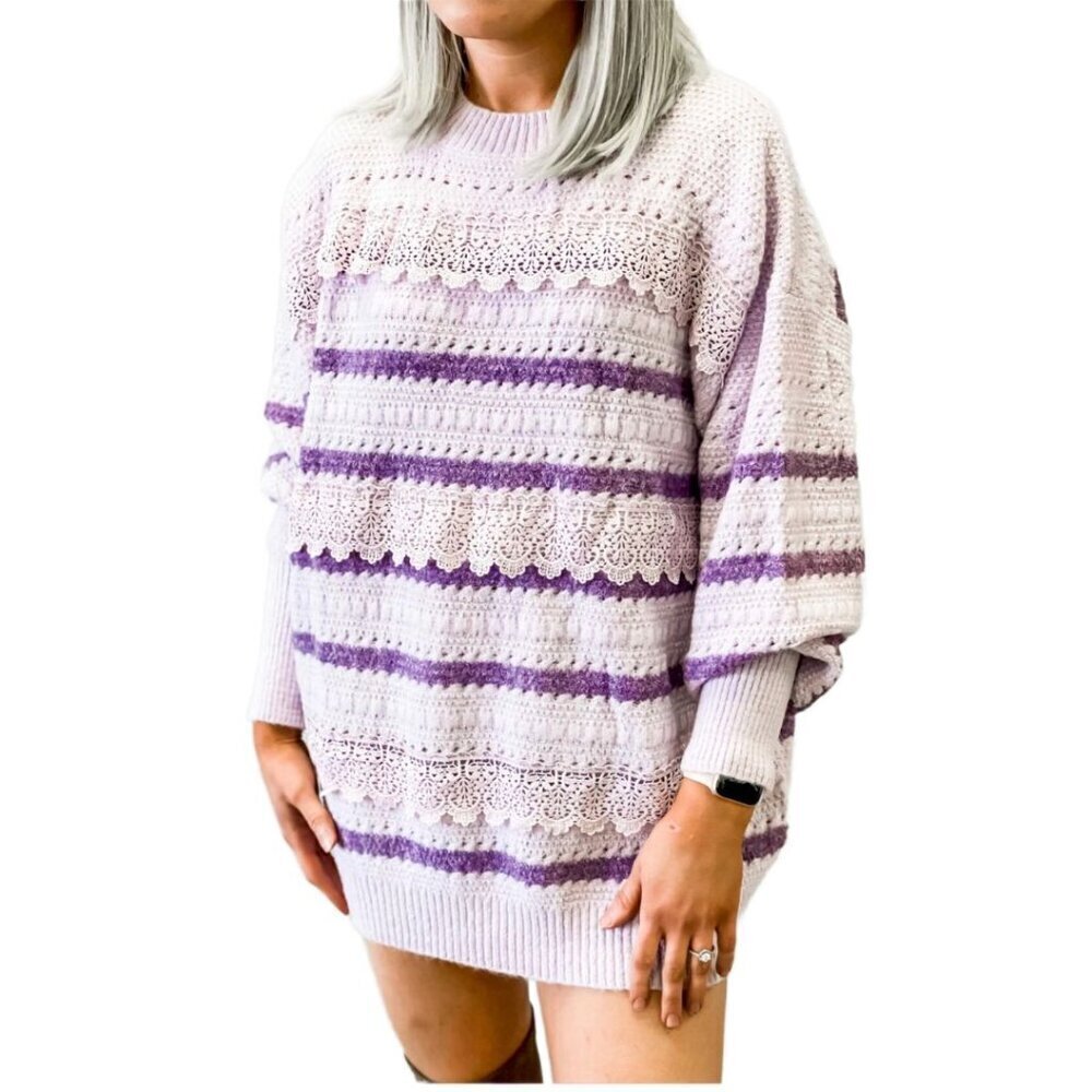 Purple Fringe Chunky Knit Lace Sweater Striped Ribbed Oversized - Picture 4 of 14